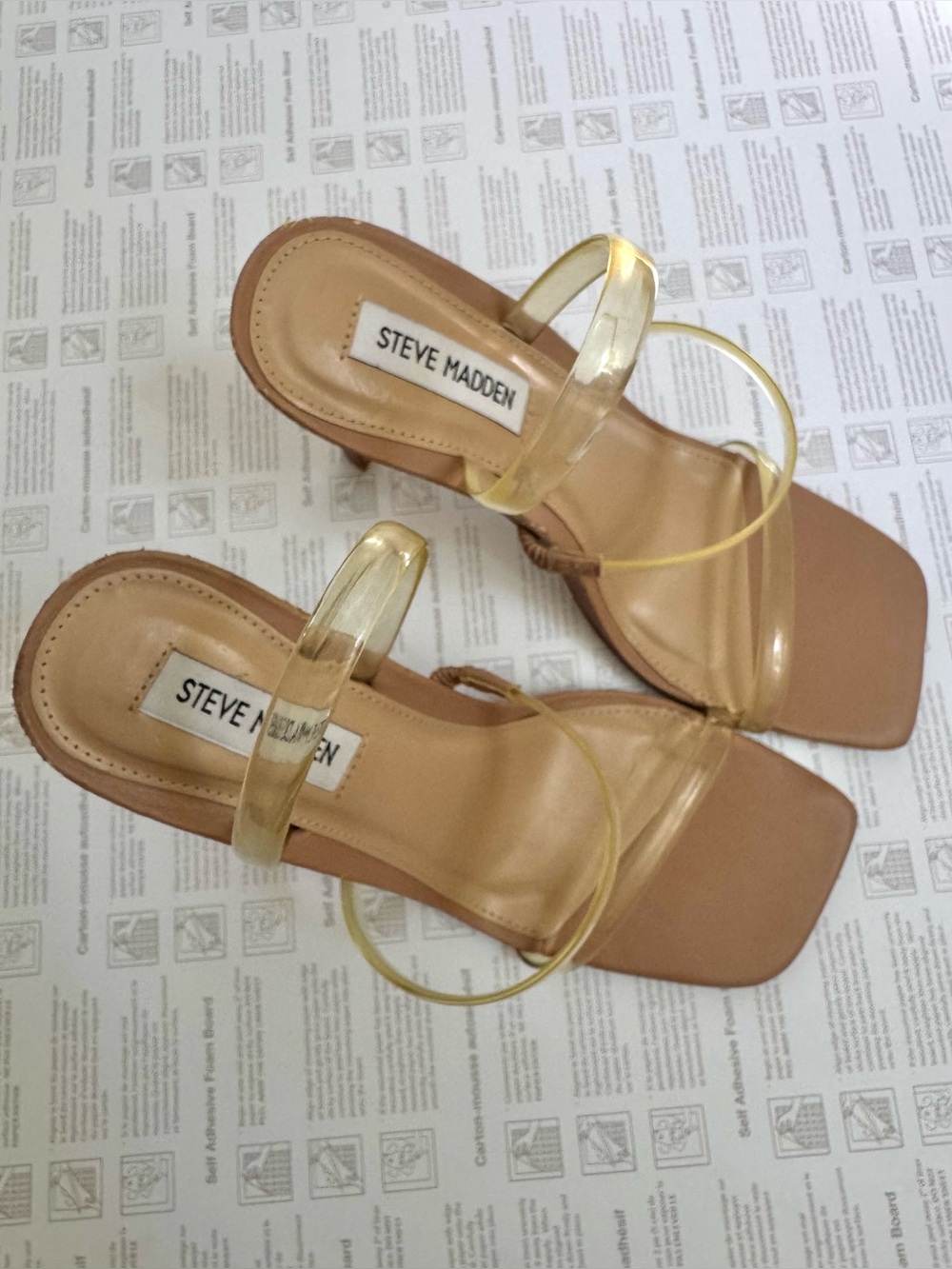 Steve Madden Tan Heeled Sandals with Gold-Tinted Clear Straps